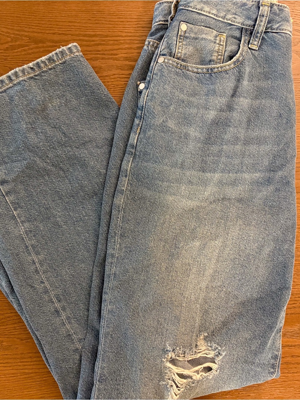 Pilcro Faded Light Blue Wide-Leg Jeans with Knee Distress